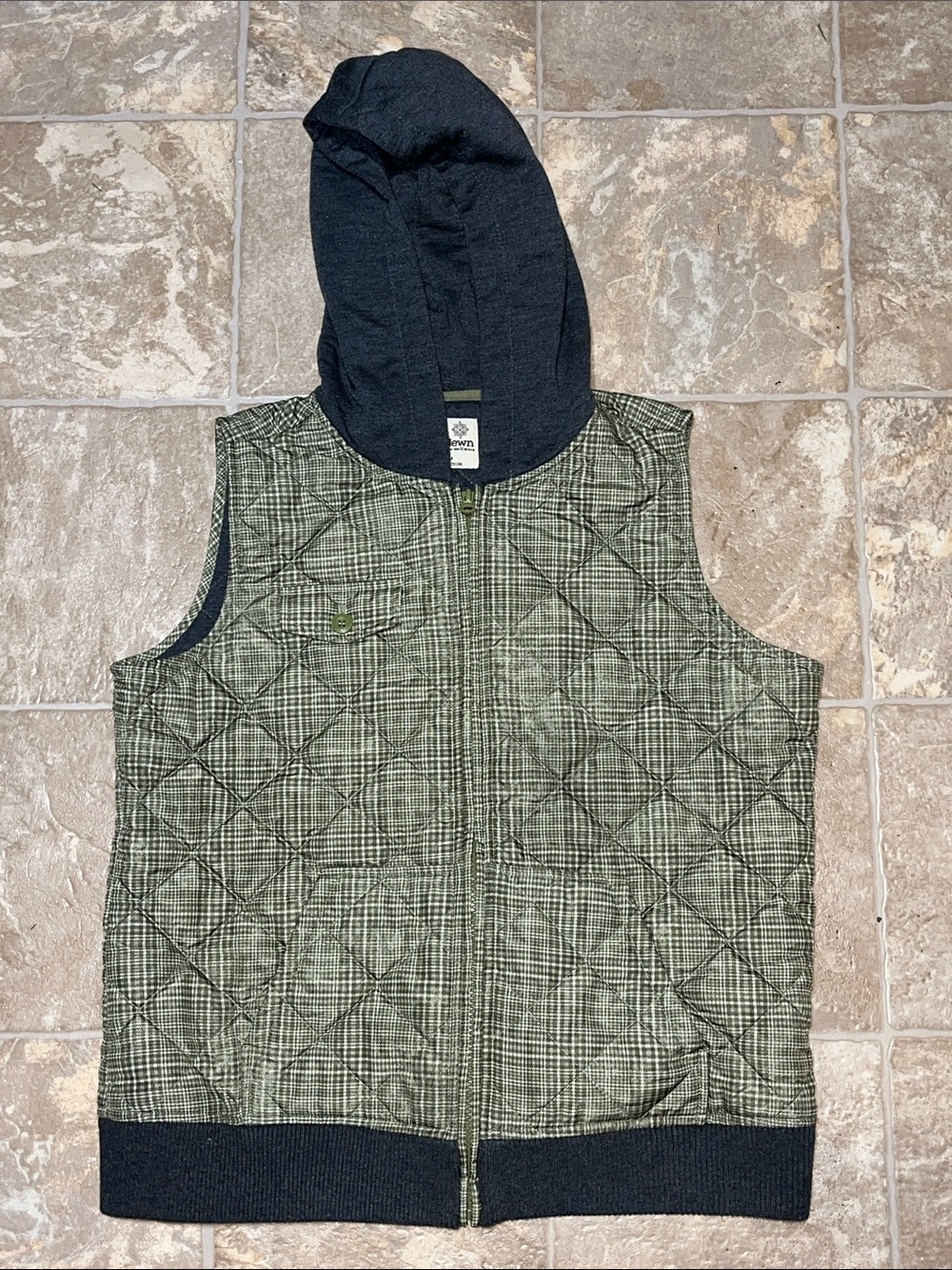 Ruff Hewn Olive Plaid Quilted Vest with Dark Gray Hood